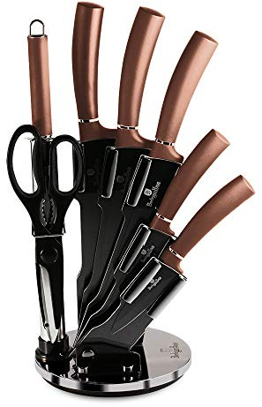 Berlinger Haus Rose Gold Set de Couteaux de Cuisine Professionnel 8 Pièces, Acier Inoxydable, Revêtement Antiadhésif, Support, Couteau de Chef, Santoku, Acier à Aiguiser, Ciseaux, Design Metallic