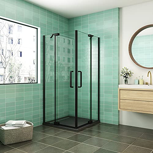 AICA cabine de douche 100x80x195cm porte de douche pivotante en 8mm verre anticalcaire profilé noir mat