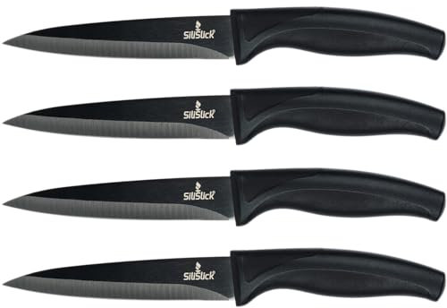 SiliSlick Steakmesser Set - Schillernd/Regenbogen Titanbeschichtete Edelstahlmesser - 5 Zoll / 12,7 cm - (4 Schwarzer Griff, Schwarzer Klinge)