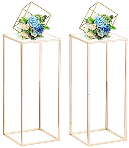 Nuptio Florero Oro para Centros Mesa Boda con Panel Acrílico 2 Piezas Floreros Metal 60cm Alto Soporte Flores para Mesa Fiesta Centros Mesa Bodas Decoración Soporte Exhibición Columna Geométrica
