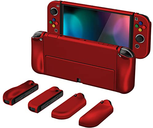 PlayVital Hårt Skal för Nintendo Switch OLED,Skyddsfodral Fodral för Switch OLED,AlterGrips Ergonomiskt Protective Slim Case med Tumgrepps Kåpor&Knapp Kåpor-Scharlakansröd