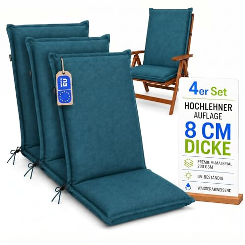 Pillows24 - Hochlehner Auflagen 4er Set - 120x50cm – 8cm Dick - Premium-Material 200gsm, UV- & Wasserabweisend | Sitzauflagen Hochlehner | Gartenstuhlauflagen für Gartenmöbel | Türkis