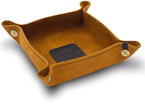 jabuti EDITION Schlüsselschale/Taschenleerer 14 x 14cm feines Rindleder Curry mit Lamm Nappa Leder Applikationen Mokka. Handgefertigt in unserem Atelier