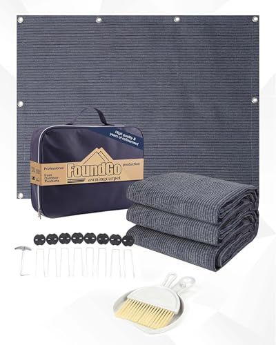 FoundGo Vorzeltteppich mit Ösen [280g/m² HDPE] Camping Teppich Outdoor Vorzeltboden inkl. Tragetasche Stahlnägel & Kleiner Besen Blau/Grau 200x300cm