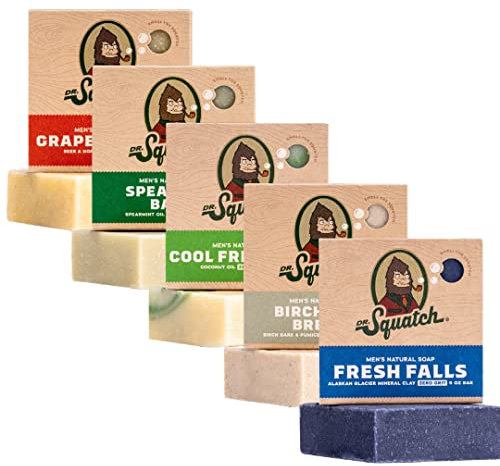 Dr. Squatch Natürliches Seifenstück für Männer, 5er-Pack zur Auswahl - Birkenholzbrise, Kühle frische Aloe, Frische Wasserfälle, Grapefruit IPA, Spearmint-Basilikum