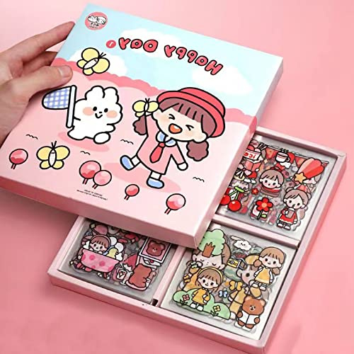 Kawaii Sticker, 100 Blätter Cartoon Cute Niedliche Aufkleber, Aesthetic Scrapbook Niedliches Cartoon Mädchen Stickers Set, Creme Häschen PET Transparent Aufkleber für DIY Sammelalbum Album | Perfekt für Sammelalben, Laptops, Notebooks und mehr