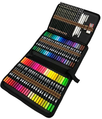 Majoart 48 Couleurs Marqueurs Stylos Feutres Pinceaux Aquarelle Double Pointe et 12 Crayon Professionnel de Dessin Art Set,Inclus Stylos de calligraphie,Crayons Fusain et Accessoire Dessin.