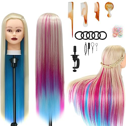 Trainingsköpfe, 28 inch Frisierkopf für Frisöre 100% Synthetikfaser-Haar Übungskopf,mit DIY Stricken Kit und kostenlose Tabelle Clips (Regenbogen)