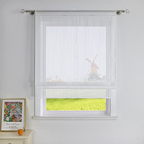 CORLIF Raffrollo Gestreifte Raffgardinen mit Streifen mit Baumwollgarn-Optik Gardinen Landhaus Bändchenrollo Küche Transparente Rollos Modern für Fenster mit Tunnelzug Weiß BxH 80x140 cm 1 Stück