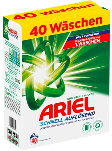 Ariel Lessive en poudre universelle à dissolution rapide + 2,4 kg, 40 lavages, excellente élimination des taches