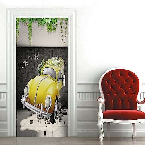 A.Monamour Türtapete Selbstklebend Türfolie Türposter 3D Ein Gelbes Auto Aus Einer Rissigen Wand Vinyl Folie Türdeko Tapete Wandbild Türaufkleber Türtattoo 77x200cm