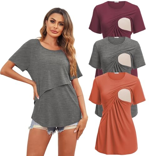 Ekouaer Nursing Shirts for Women 3 Pack Short Sleeves Maternity Blouse Solid Comfy Tops & Tees Orange+Medium Gray+Red M