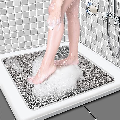 AMOMYDOG Alfombrilla para Ducha, Alfombra Ducha Cuadrada Antideslizante de Lufa Suave, Antimoho Antibacteriano PVC Alfombra Baño, Drenaje Rápido Esterilla Tapete Ducha (Gris)