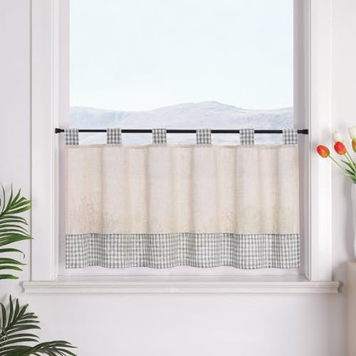 SCHOAL Scheibengardine mit Schlaufen Bistrogardine Küche Leinenoptik Fenstergardine Landhaus Kleinfenster Gardine Kariert HxB 60x145 cm Grau