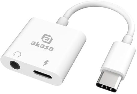 Akasa USB C to 3.5mm Headphone and Charger Adapter, 2 in 1 Type C Aux Audio Jack and PD 15W Charging, Compatible with iPad Pro Air, Samsung S23 S22, Pixel 8 and Other Type C Devices, AK-CBCA30-08WH