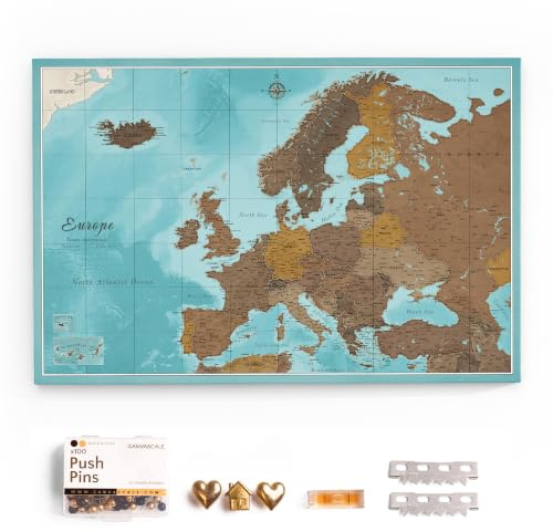 Canvas Europakarte mit Pinnwand Kork zum Pinnen der Reiseziele - Wanddeko für Jeden Raum - Hochwertige Leinwand Bilder mit Europakarte (70x50 cm, Muster 10)