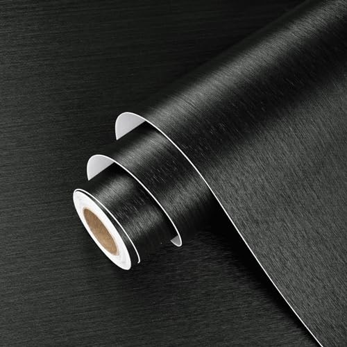 Wallercity Metal Brushed Black Contact Paper for Appliances Thick Black Peel and and Stick Stainless Steel Wallpaper Metallic Wall Paper Roll for Countertops Vinyl Warp for Refrigerator 15.8''x78.7''