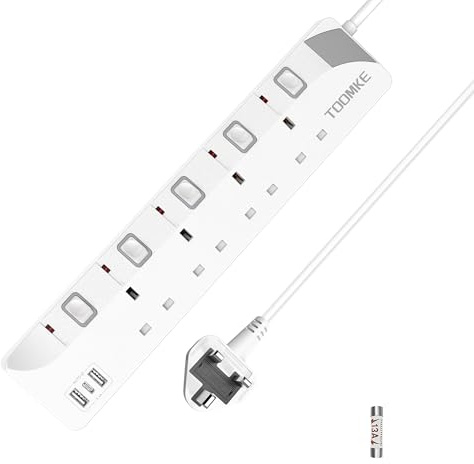 Extension Lead with USB C, Toomke 4 Gang 3 USB Plug Extension Sockets with 5 Independent Switches, Wall Mountable Power Strips, UK Power Socket Adapter, 1.5 Meters Extension Cord Cable 13A 3250W