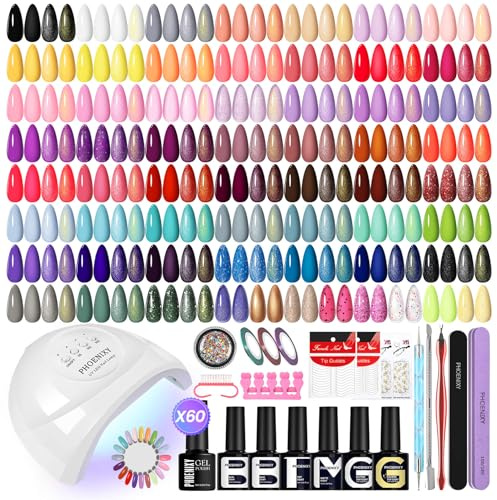 Phoenixy Kit Ongle Gel U V Complet, 60 Couleurs Kit Vernis Semi Permanent avec 48W Lampe à Ongles U V/LED Base et Top Coat Kit de Manucure Cadeaux pour Femmes