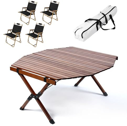 Tragbarer Klapptisch und Stühle, klappbarer Campingtisch aus Buche, aufrollbare Tischplatte, Leichter Picknicktisch, Stuhl-Set mit Aufbewahrungstasche für den Garten im Freien