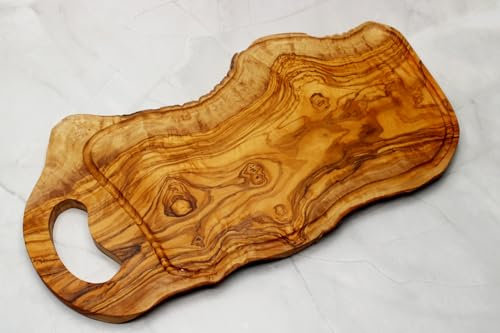 DAGDEG Tabla de cortar de madera de olivo en corte natural, tabla de carne con surco para jugo, tabla de servir de madera, tabla de desayuno, tabla de queso, tabla para pan, aprox. 45-48 cm de largo,
