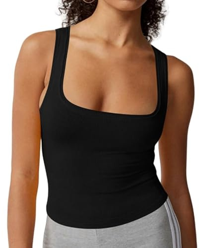 Haibang Camiseta sin Mangas Mujer Sexy Crop Top Cuello Cuadrado Verano Deportivas Tank Tops Moda Elástica Suave Camisetas Tirantes Casual Corto Chaleco Básicas Camistas para Gimnasio Entrenamiento