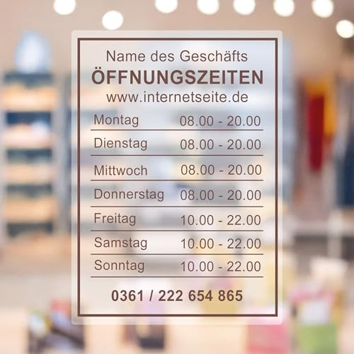 KIWISTAR - Öffnungszeiten - 297x210mm - Braun - personalisiert - Fensterfolie - Wunschtext - Schaufensterbeschriftung - Aufkleber - Milchglas - blickdicht - Glasdekorfolie - innenklebend