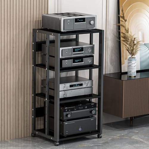 Modern AV Media Stand with Adjustable Shelf for CD Player Steel Frame & Wooden Board Stereo Component Storage Cabinet 4 Tier Audio Rack (Black)