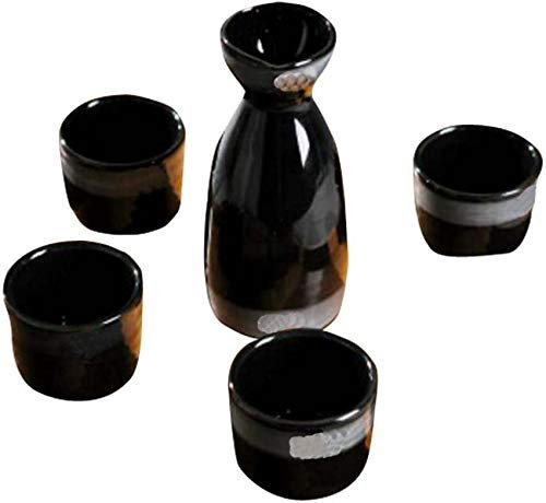CAFIEDR Geschirr-Set mit 5 Sake-Bechern für den Hausgebrauch, Retro-Keramik-Weinsets, Weinkrug-Schwarz
