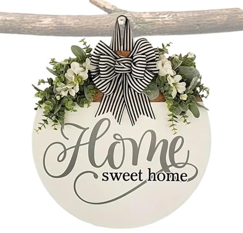 Cartello di benvenuto primaverile | Home Sweet Home Sign For Front Door | Home Sweet Home Decor Wall Sign Welcome Sign | 30 cm rotondo in legno appeso con fiocco e foglie verdi