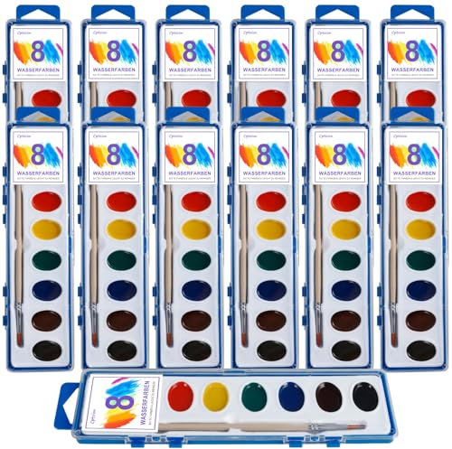 Cptoion 12 Stück Wasserfarben Aquarellfarben Set, Wasserfarben Kinder, Abwaschbare Wasserfarbkasten 8 Farben mit Pinsel für Künstler Schule Kunstunterricht Hobbymaler