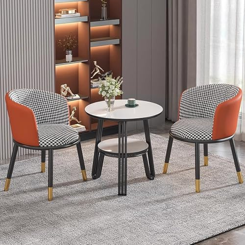FAXJRU Rundes Esstisch-Set mit Stühlen, Moderner Konferenztisch und 2 Stühle-Set, Empfangstisch- und Stuhl-Kombination, Küchentisch-Set für 2 Personen für Wohnzimmer und Esszimmer(Houndstooth+orange)