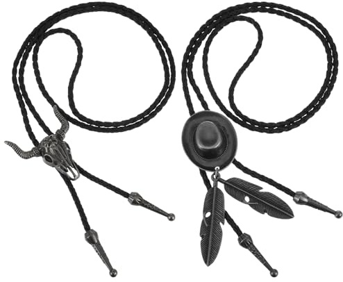 AOZUO 2 Stück Bolo Krawatte, Western Cowboy und Cowgirl Tie Vintage Leder Krawatte Handgefertigt Hut Feder Halskette Anhänger für Männer Frauen(Silber)