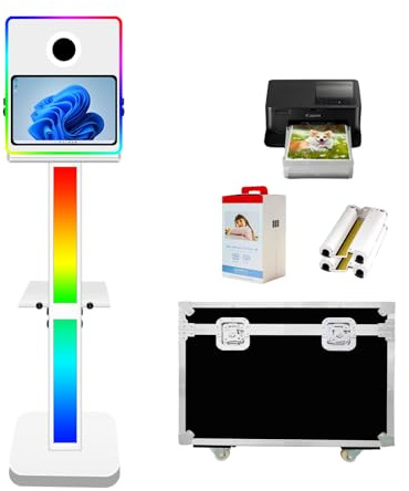 15.6 Zoll Touchscreen DSLR Fotokabine mit Drucker, Fotobooth Standgehäuse mit Flightcase für Hochzeiten, Weihnachtsfeiern und Veranstaltungsvermietung(White, Photo Booth with Printer)