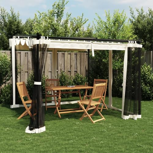 IKAYAA Pérgola de Jardín con Techo Retráctil y Paredes de Malla, Pérgola de Aluminio 3 x 3 m, Cenador de Jardín, Poliéster Resistente al Agua y a UV para Patio Terraza Exterior Crema