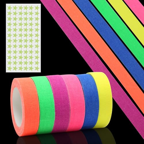 6 Rollos de Cinta Adhesiva Neon, Cinta Adhesiva Fluorescente Activada por UV y Luminescente para Fiesta con Luz Negra, Halloween, Marcación de Escenarios, Impermeable y Escribible (5m x 15mm)