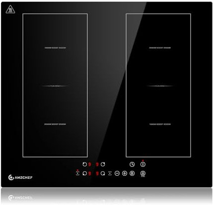 AMZCHEF plaque à induction 4 zones 60cm avec deux zones flexibles, fonction Boost et 9 niveaux de puissance, minuterie, verrouillage de sécurité, protection contre la surchauffe, BBQ, 7200W