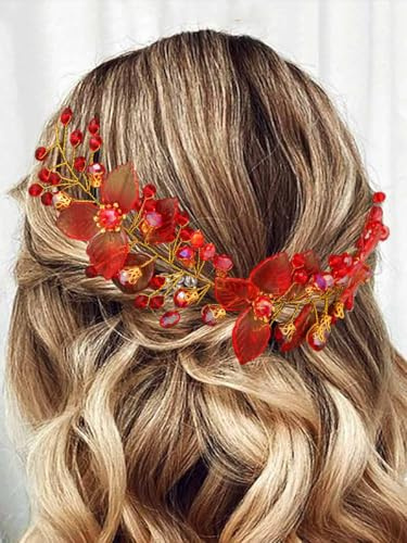 IYOU Diadema Novia Boda Tocado Hojas Rojas Accesorio para el Pelo Elegante Novias Invitadas Damas de Honor para Mujeres