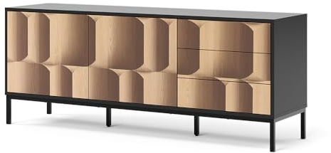 Vicco Tablero bajo Eliza, Negro/Roble, 150 x 60 cm con 3 cajones, Apto para Almacenamiento y como Soporte para televisor