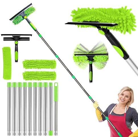 Window Cleaning Equipment, 4.5m Telescopic Window Squeegee Glass Cleaner with Silicone Squeegee Scrubber Tool Professional Cleaner Kit for Outdoor/Indoor High Window Car Home (Green)