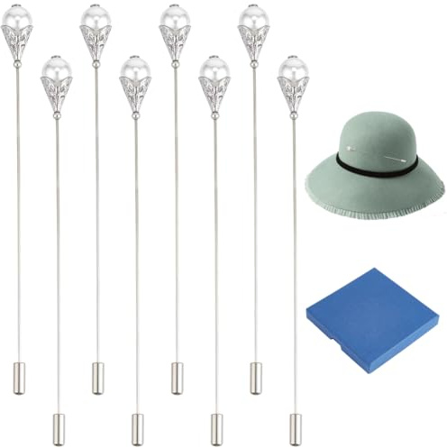 BENECREAT 8 Spilla per Cappello con Perle, Spilla In Plastica ABS con Perle Finte, Spilla In Ottone Platino per Cravatta, Sciarpa, Cappelli Da Cowboy Occidentali, Accessori di Capelli, 125mm