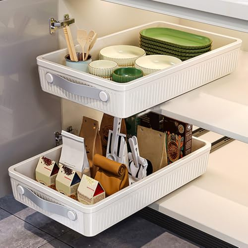 VGECEE Tiroir Télescopique pour Armoires de Cuisine Tiroirs de Cuisine Coulissants 39,7 x 24,3 x 6,7 cm,Tiroir/Panier Télescopique en Plastique avec Bandes Adhésives sur Rails pour sous Évier