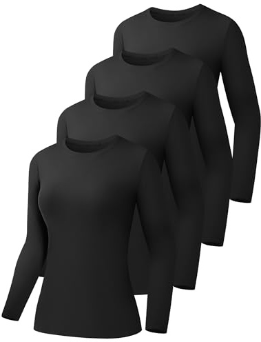 HOPLYNN 4 Pack Womens Long Sleeve Shirts Crew Neck Basic Compression Slim Fitted Workout Undershirts Baselayer Tops 4 Black Large