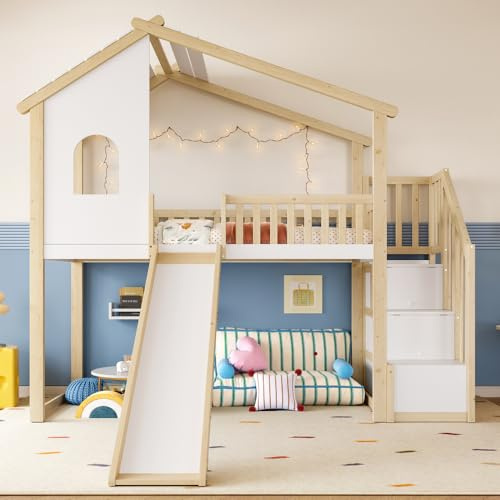OOIILLEE Lit Mezzanine 90x200 cm avec échelle de Rangement, lit Mezzanine Enfant avec Toboggan, avec fenêtre, Rambarde, Cadre de lit Enfant en Bois Massif, Forme de la Maison, Coloris Naturel + Blanc