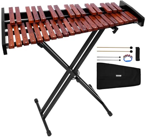 VEVOR Glockenspiel Xylophone, 37 Notes, Wooden Professional Xylophone Percussion Instrument, with Height Adjustable Stand, 4 Mallets, Carrying Bag, Beginner Musical Instrument Kit for Adults and Kids