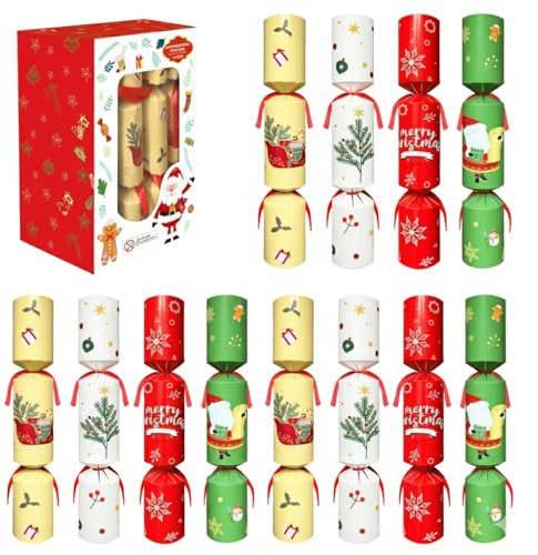 Taoluqifei 12-Pack Christmas Crackers Non-Snap – Holiday Party Favors with Hat, Joke & Surprise Gift Inside, Christmas Table Decorations for Family Dinner