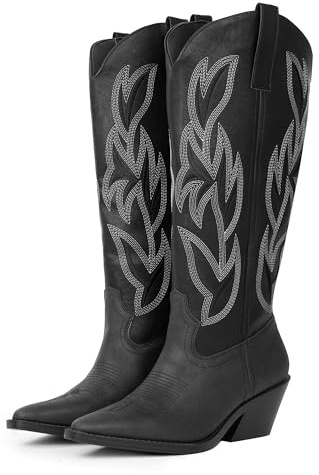 Hawkwell Bottes de Cowboy pour Femme Hautes – Santiags à Talon Bloc avec Broderies – Bottes Western en Simili Cuir avec Fermeture Éclair, Style Rétro Country