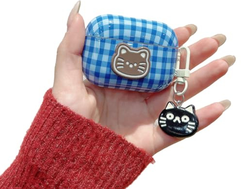 eglixu Custodia per AirPods Pro 3 (2025), motivo cartone animato blu a scacchi 3D con mele, ciliegie, gatto, pomodoro, omelette, design creativo, custodia IMD per AirPods Pro 3, custodia per