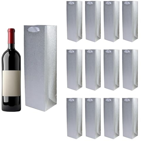 10 Stück Premium Wein-Geschenkbeutel aus Hochwertigem Mattsilber mit Tragegriffen – Ideal für Weihnachten, Hochzeiten & Partys