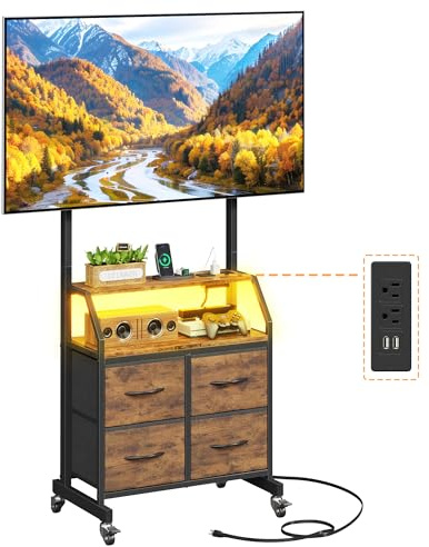 OYRREU Support TV sur roulettes avec LED et Prises Intégrées, Support TV Réglable en Hauteur avec 4 Tiroirs, Marron Rétro